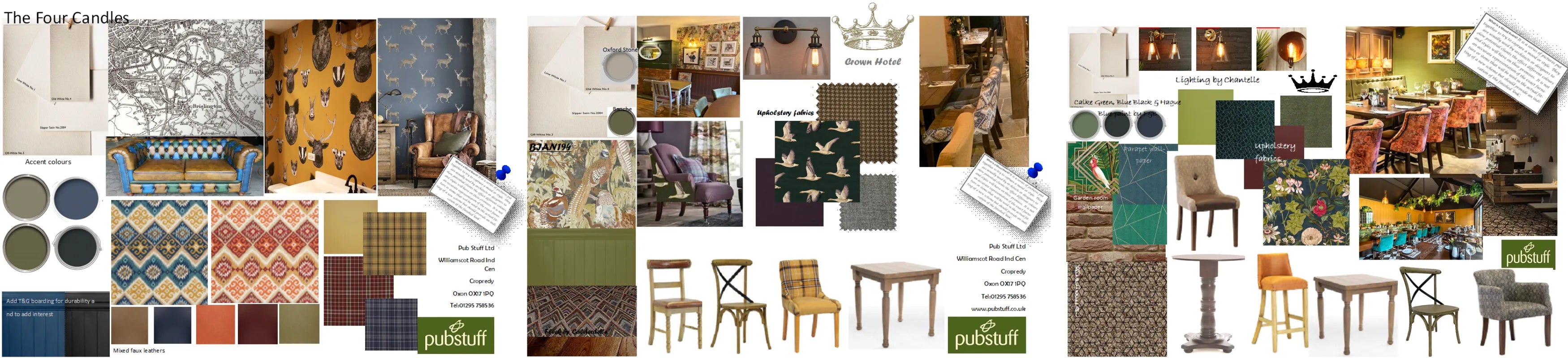 Mood board with fabric, lighting and furniture
