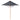 A dark blue picnic table parasol with a wooden pole, standing upright against a white background.