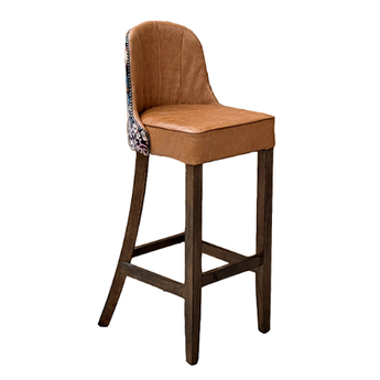 Brown leather bar stool with wooden legs on a white background