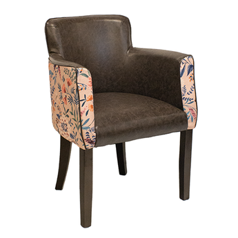 Lisbon tub chair with a pink floral outter fabric and brown vinyl inner