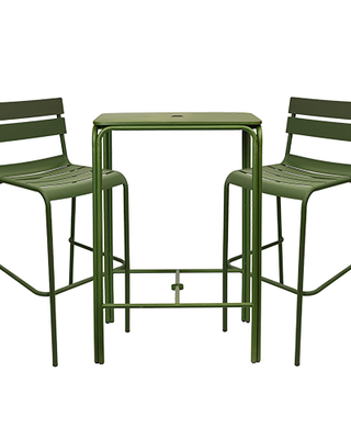 Green metal bar table with two matching chairs on a white background