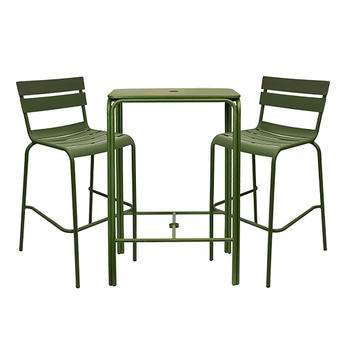 Green metal bar table with two matching chairs on a white background