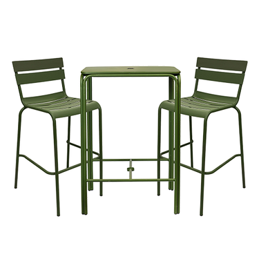 Green metal bar table with two matching chairs on a white background