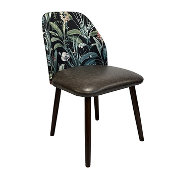 Chair with floral-patterned backrest and dark brown seat on a white background