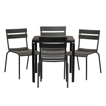 Black dining table with four matching chairs on a white background