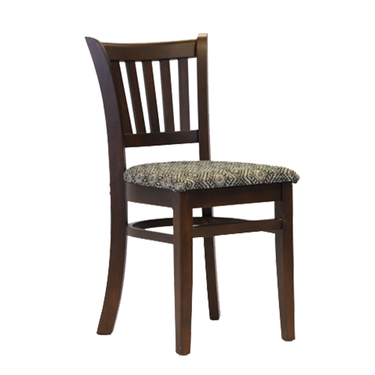 Wooden chair with a patterned cushion on a white background