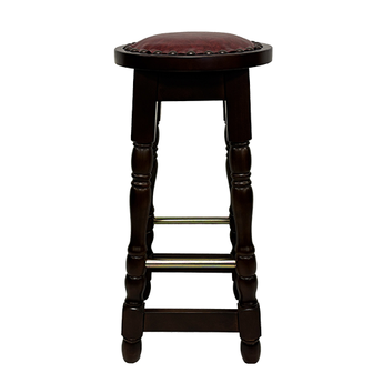 Wooden bar stool with a red cushioned seat on a white background