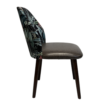 Chair with floral-patterned backrest and brown seat on a white background