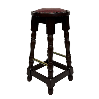 Wooden bar stool with a red cushioned seat on a white background