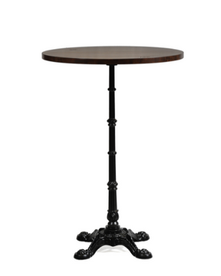 A round poseur table with a wooden top and an ornate metal base