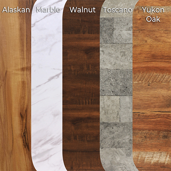 Comparison of different wood finishes including Alaskan Marble, Walnut, Toscano, and Yukon Oak.