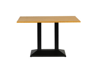 A rectangular dining table with a wooden top and a metal base with a black finish.