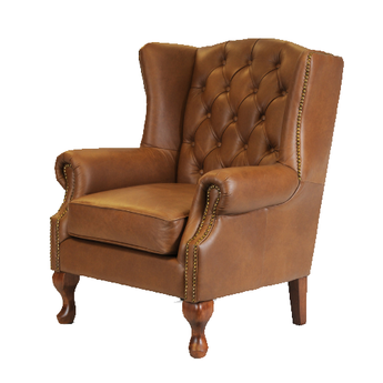 Brown leather armchair with tufted backrest on a white background